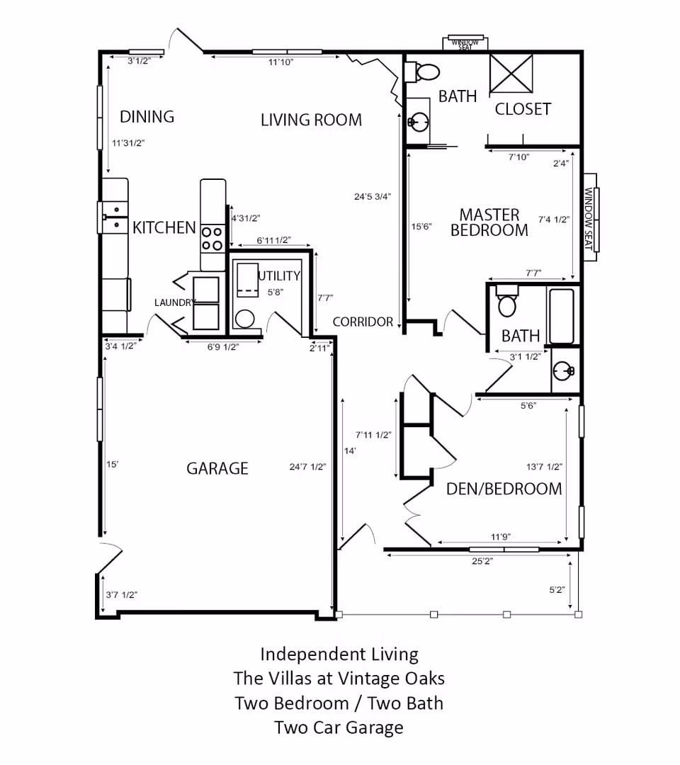 Architectural floor plan of an independent living unit at The Villas at Vintage Oaks, showing two bedrooms, two bathrooms, a kitchen, dining area, living room, utility room, corridor, and a two-car garage.
