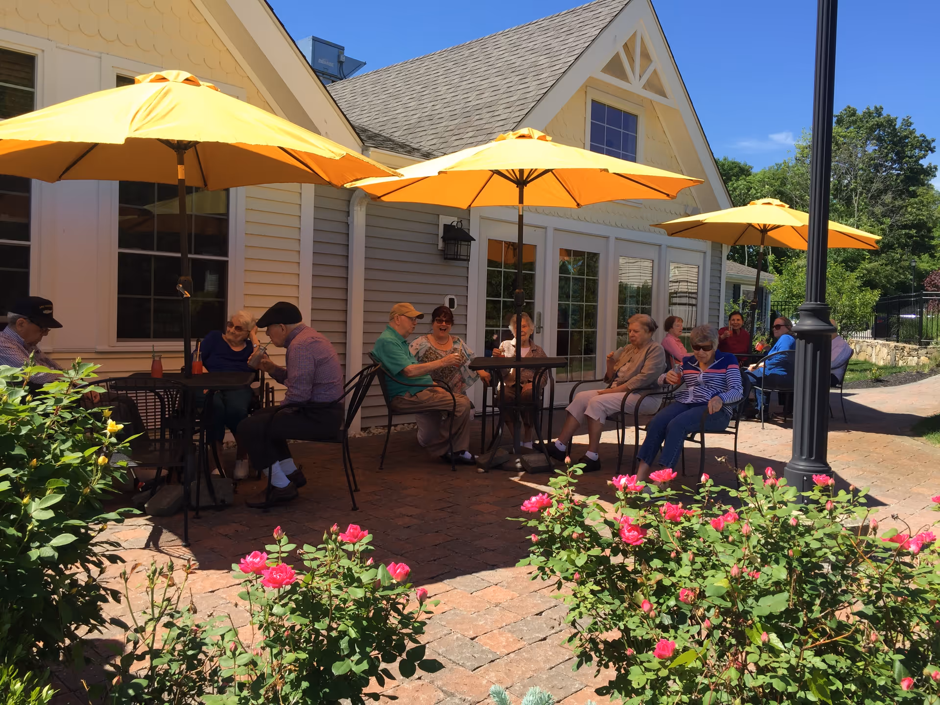 A group of elderly people sitting outside under yellow umbrellas at tables on a brick patio next to a building with large windows. There are pink flowers and green bushes in the foreground and a clear blue sky above.