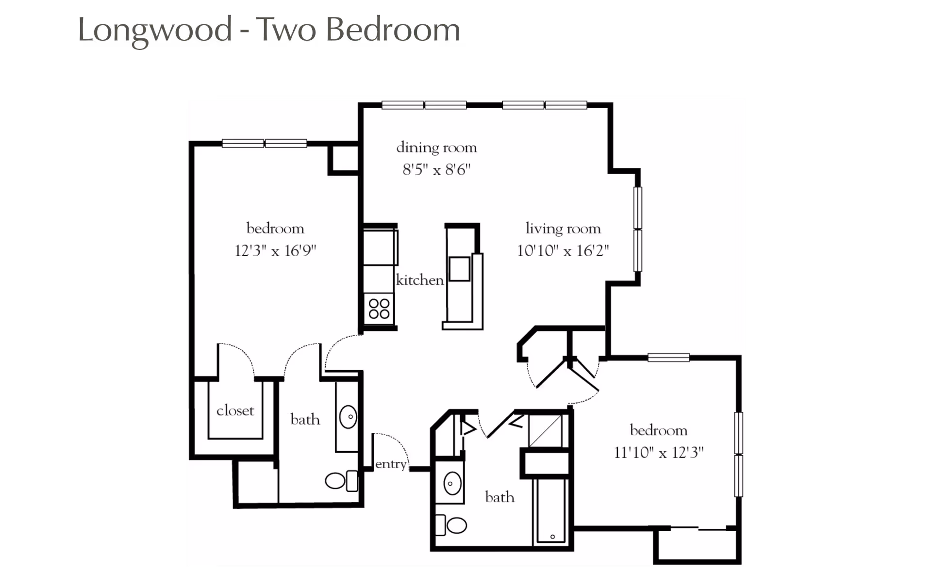Floor plan labeled Longwood - Two Bedroom showing two bedrooms, two bathrooms, a kitchen, dining room, living room, closets, and entry area with dimensions for each room.