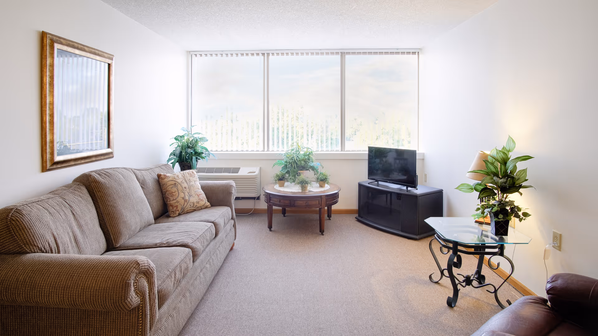A bright living room with a large window letting in natural light. The room features a brown upholstered sofa with a decorative pillow, a round wooden coffee table with potted plants, a flat-screen TV on a black TV stand, a glass side table with a lamp and a plant, and a framed picture on the wall.