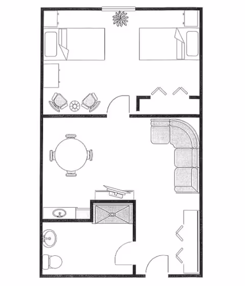 Architectural floor plan of a senior living suite at Clearview Lantern Suites showing a layout with two beds, a small seating area with two chairs and a table, a dining area with a round table and four chairs, a living room with a sectional sofa, a bathroom with a toilet and sink, and a kitchen area with a sink and stove.