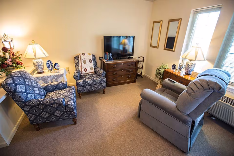 A cozy living room with two patterned armchairs and one gray recliner arranged around a wooden dresser with a flat-screen TV on top. There are two table lamps with blue and white ceramic bases, decorative plates, a plant, and two rectangular mirrors on the wall. The room has beige walls and carpeted floor, with natural light coming through two windows with blinds.