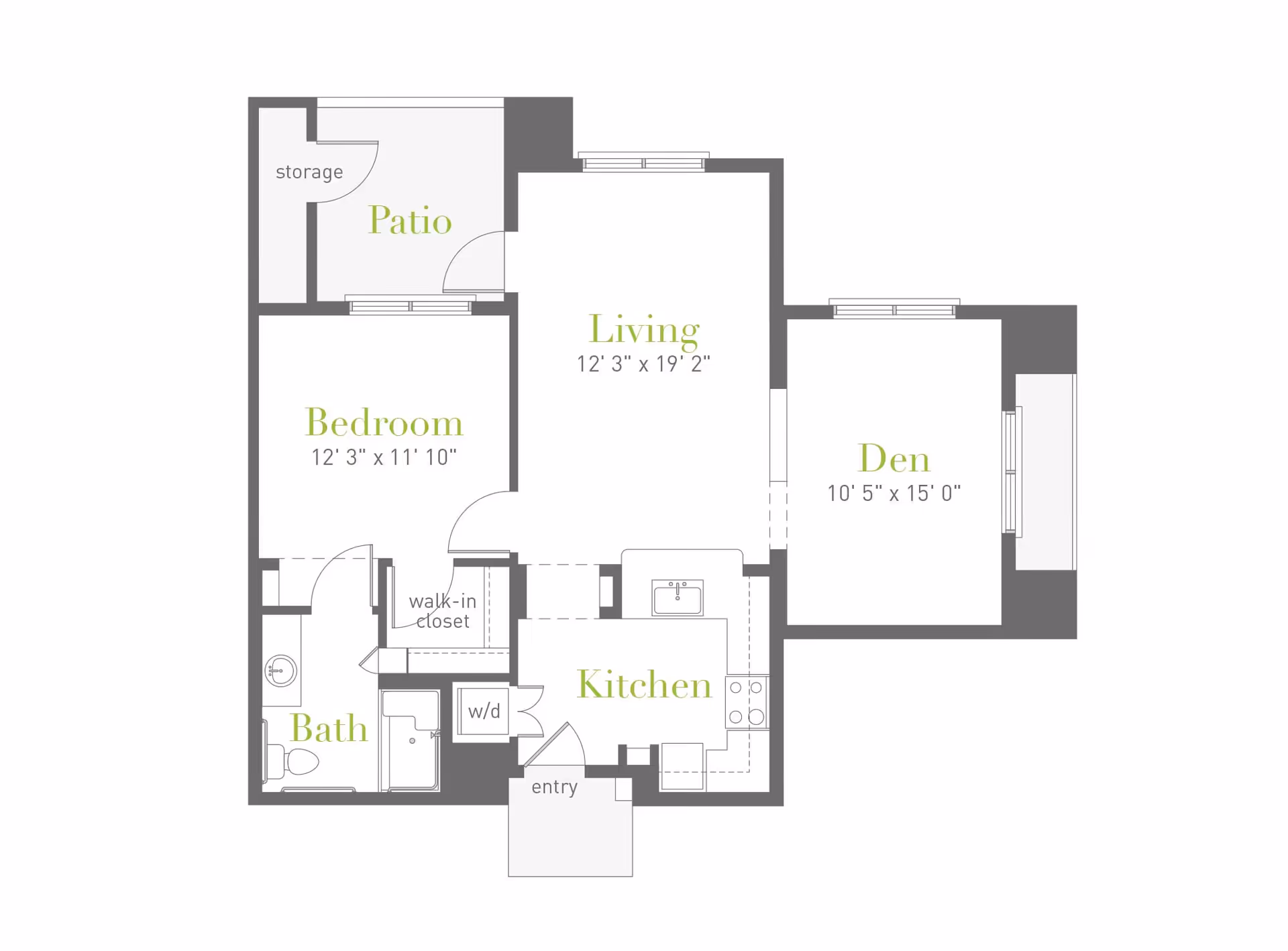 Floor plan of a residential unit at Clearwater Agritopia showing a bedroom, bath, walk-in closet, kitchen, living room, den, patio, storage, and entry area with dimensions for each room.