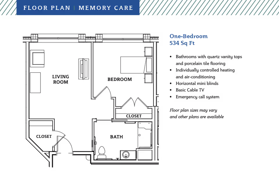Floor plan for a one-bedroom memory care unit at Eagleview Landing, showing a layout with a bedroom, living area, kitchen, and bathroom, totaling 534 square feet.