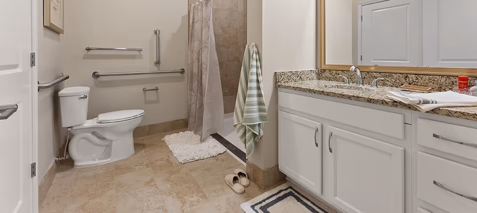 Accessible bathroom with toilet, grab bars, a shower with curtain, and a vanity with granite countertop and sink.