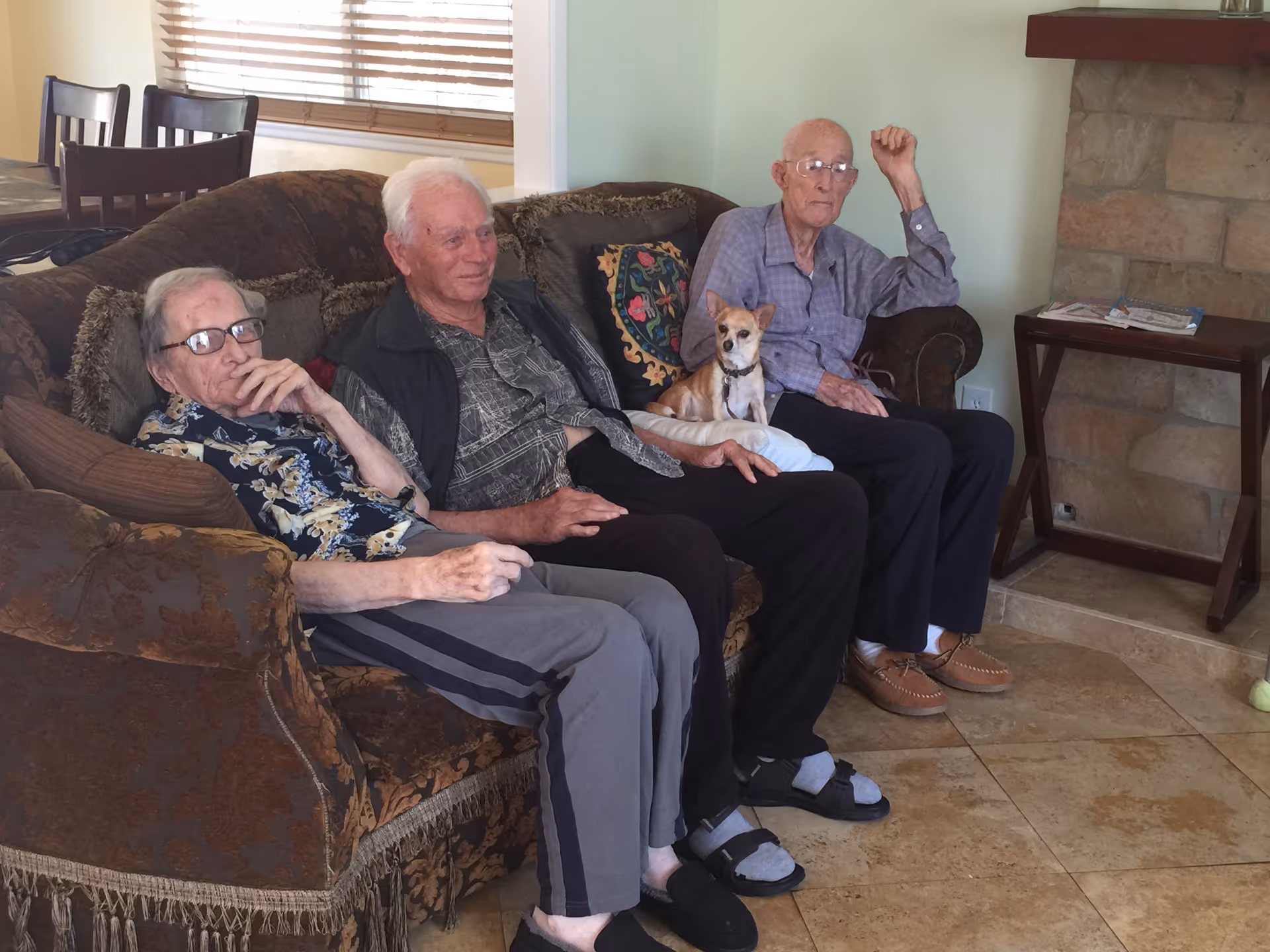 Three elderly men sitting on a brown patterned couch in a living room. A small dog is sitting on a pillow on the lap of the man in the middle. Behind them is a window with wooden blinds, and to the right is a stone fireplace with a small table holding some papers.