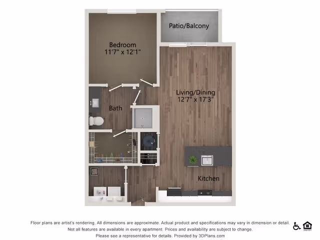 Top-down floor plan rendering of a one-bedroom apartment showing bedroom, living/dining area, kitchen, bathroom, closet, and a patio/balcony.