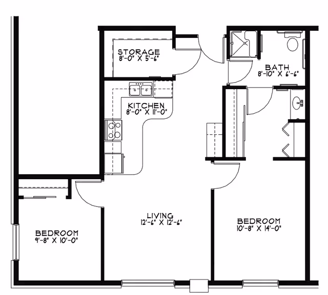 Architectural floor plan of an apartment unit at The Rose of Dubuque showing two bedrooms, a living room, a kitchen, a bathroom, and a storage area with dimensions labeled for each room.