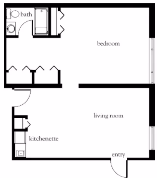 Architectural floor plan of a living space at Celebration Villa of South Hills showing a bedroom, living room, kitchenette, bath, and entry area.