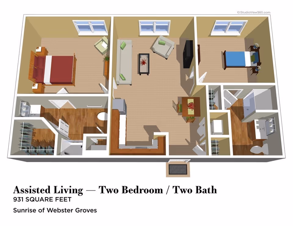 3D floor plan of an assisted living apartment with two bedrooms and two bathrooms. The layout includes a living room with sofa, armchair, coffee table, and TV, a kitchen with counter seating, a dining area with a table and chairs, two bedrooms each with a bed and nightstands, and two bathrooms with sinks, toilets, and showers. The apartment measures 931 square feet.