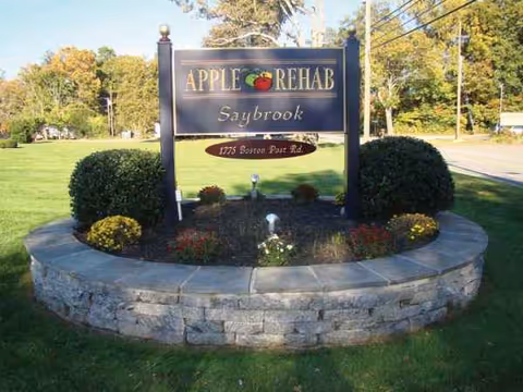 Apple Rehab Saybrook sign in a circular stone planter on a grassy lawn