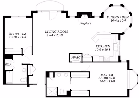 Architectural floor plan of a residential unit at Eastcastle Place, a CCRC, showing a living room with fireplace, dining/den area, kitchen, master bedroom with attached bathroom, second bedroom, laundry area, and additional bathroom.