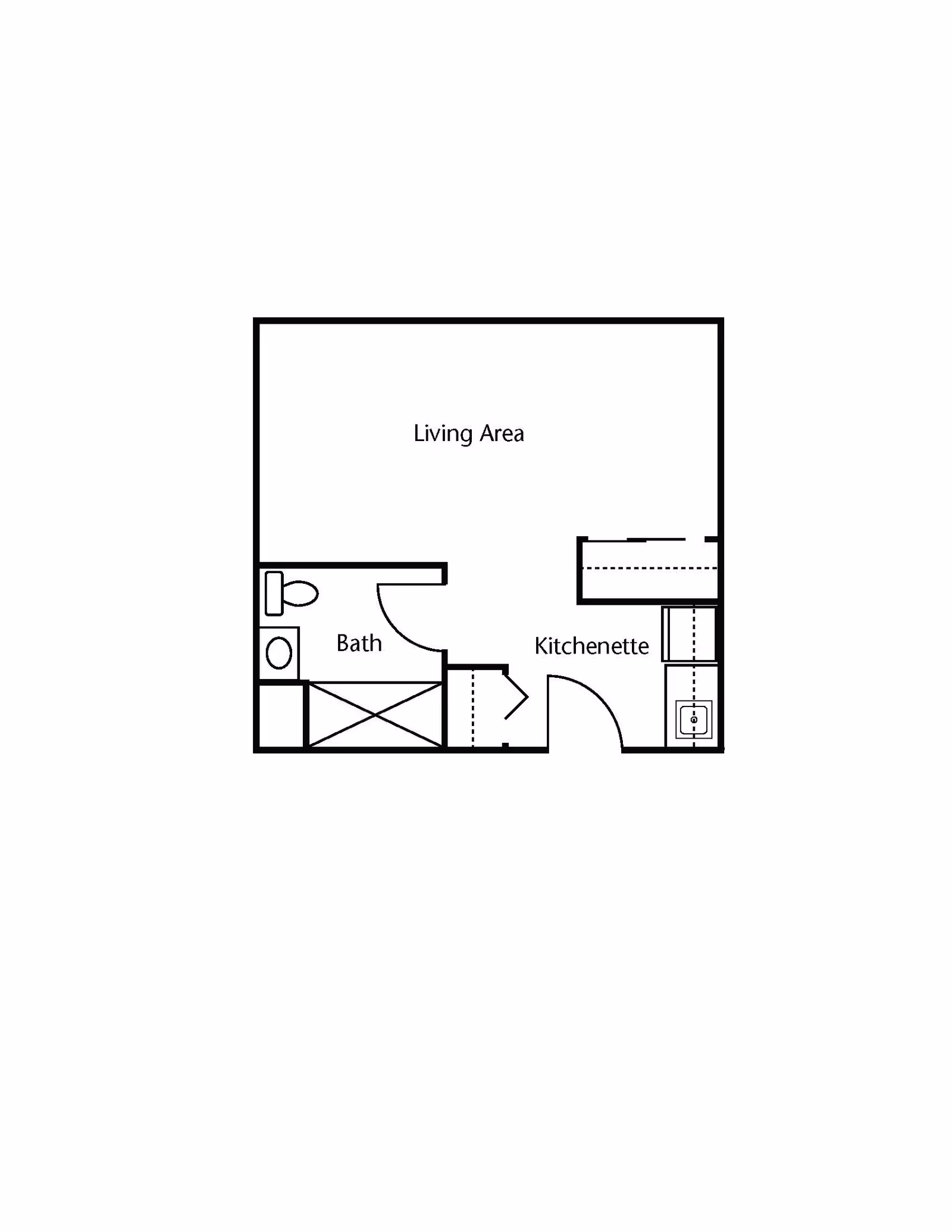 Floor plan layout showing a living area, a bath with toilet and sink, and a kitchenette with a sink and counter space.