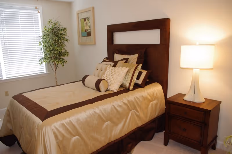 A neatly made bed with a brown and beige comforter and multiple decorative pillows in a bedroom. Next to the bed is a wooden nightstand with a white lamp. A window with white blinds and a potted plant are visible in the background, along with a framed picture on the wall.
