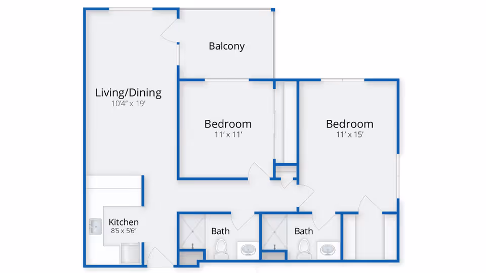 Floor plan of a residential unit at The Village at Willow Crossings showing two bedrooms, two bathrooms, a combined living and dining area, a kitchen, and a balcony. The living/dining area measures 10 feet 4 inches by 19 feet, one bedroom measures 11 feet by 11 feet, and the other bedroom measures 11 feet by 15 feet. The kitchen measures 8 feet 5 inches by 5 feet 6 inches.
