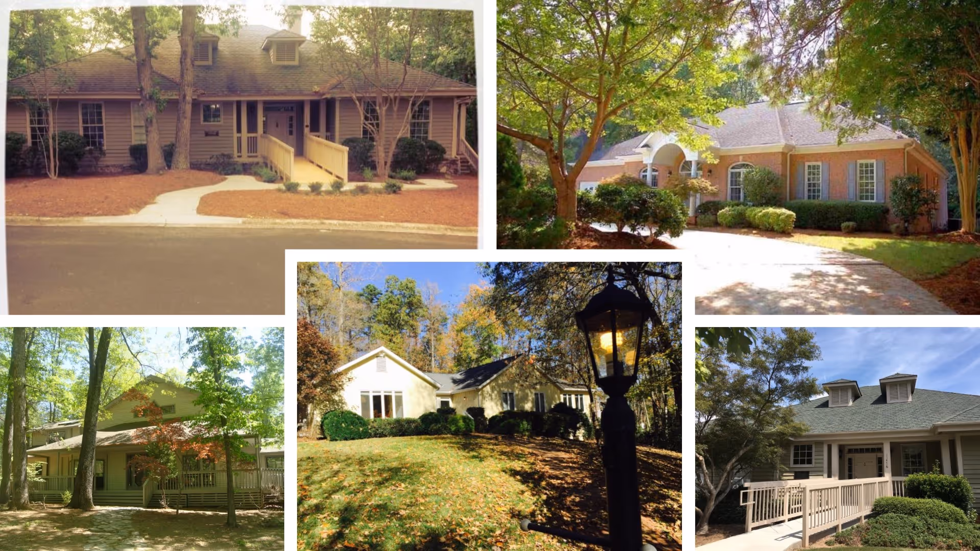Collage of six exterior views of residential-style single-story assisted living buildings surrounded by trees and landscaping.
