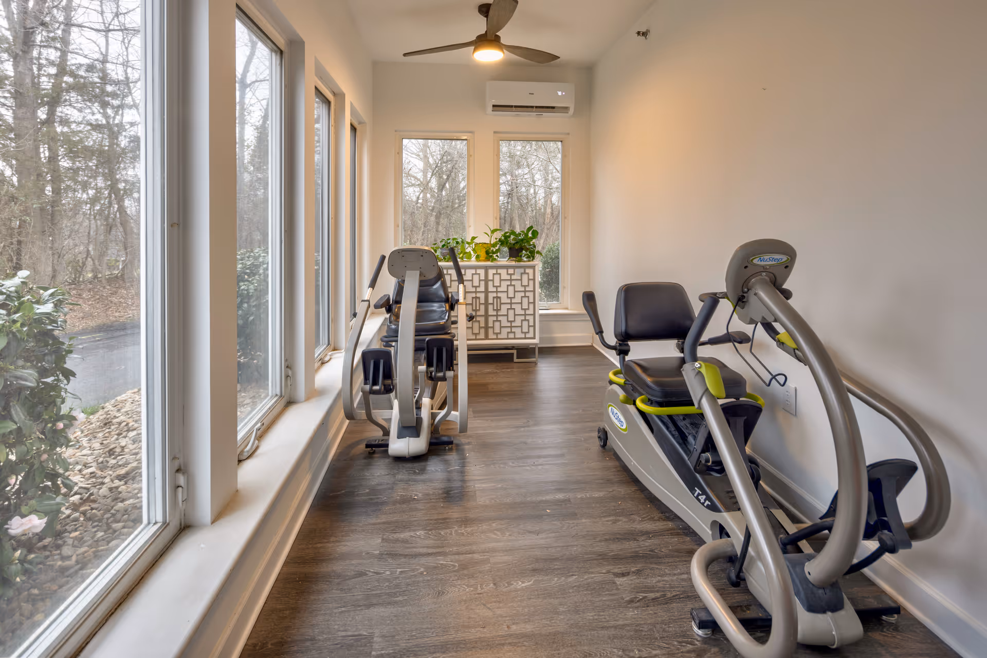 A small exercise room with large windows on the left side showing an outdoor view with trees and bushes. Inside the room, there are two pieces of exercise equipment, including a recumbent bike and a rowing machine. At the far end of the room, there is a decorative cabinet with plants on top, and a ceiling fan with a light is mounted on the ceiling.