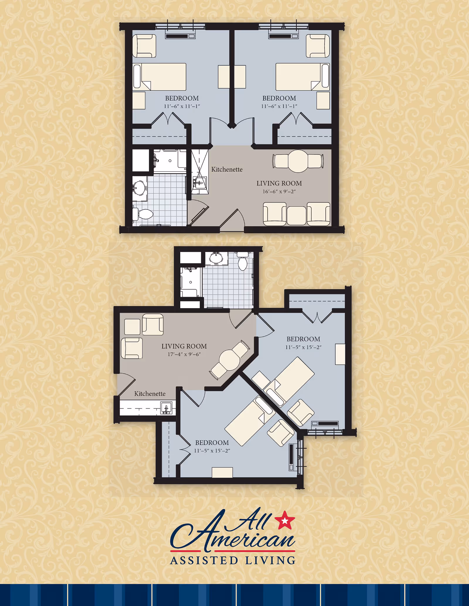 Architectural floor plan showing two assisted living apartment layouts from All American Assisted Living At Raynham. Each layout includes bedrooms, living rooms with kitchenettes, and bathrooms. The top layout has two bedrooms and a living room with kitchenette, while the bottom layout has two bedrooms, a living room with kitchenette, and a bathroom. The background has a decorative beige pattern with the All American Assisted Living logo at the bottom.