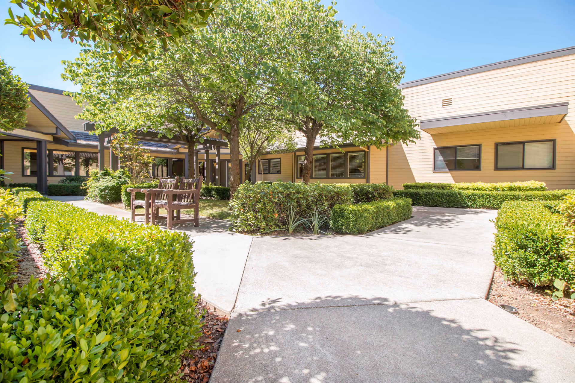 Sunlit courtyard with wooden benches, trimmed hedges, trees, and a surrounding single-story building.