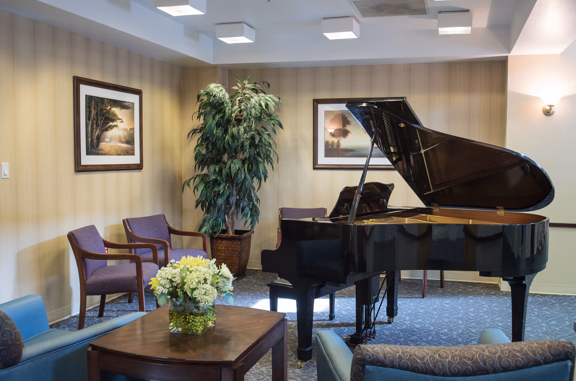 A cozy interior room featuring a black grand piano with its lid open, surrounded by comfortable seating including purple armchairs and a blue sofa. A wooden coffee table with a floral arrangement sits in the foreground. The walls are decorated with framed landscape paintings and a tall potted plant adds greenery to the corner. Soft lighting illuminates the space.
