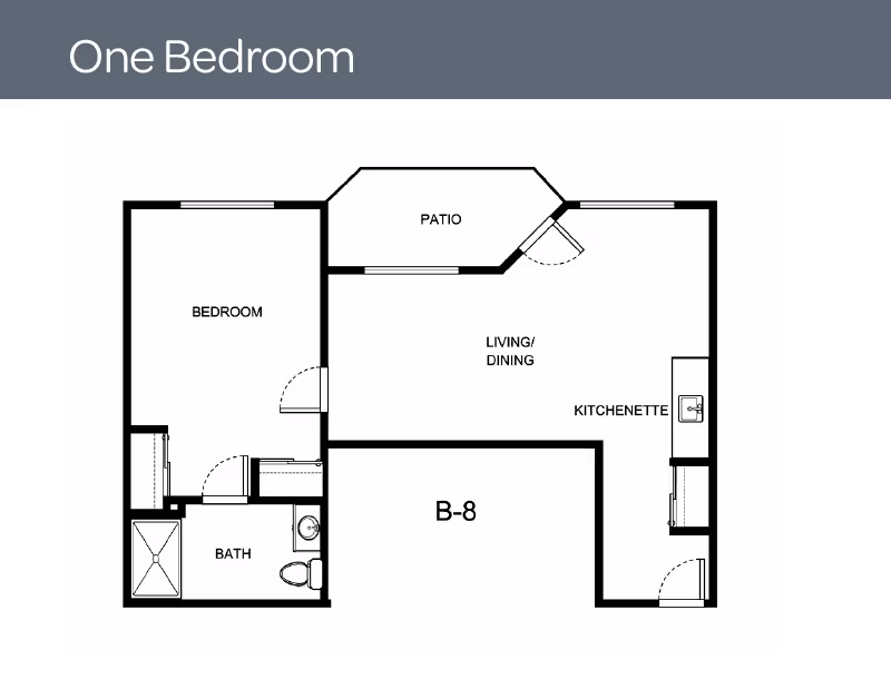 Floor plan of a one-bedroom unit labeled B-8 at Holiday Rock Creek, showing a bedroom, bathroom, living/dining area, kitchenette, and a patio.