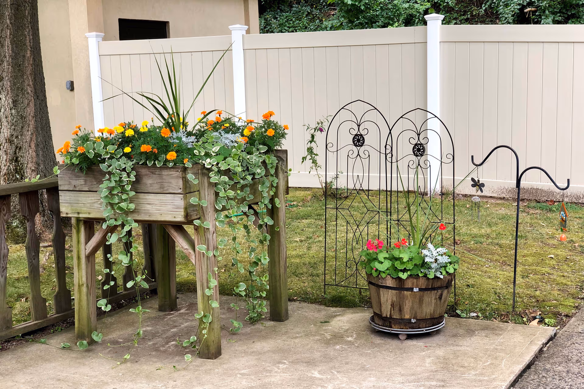 Outdoor garden area with a raised wooden planter box filled with orange and yellow flowers and trailing green vines. Next to it is a wooden barrel planter with red and white flowers, supported by a decorative black metal trellis. The background features a white vinyl fence and green shrubbery.