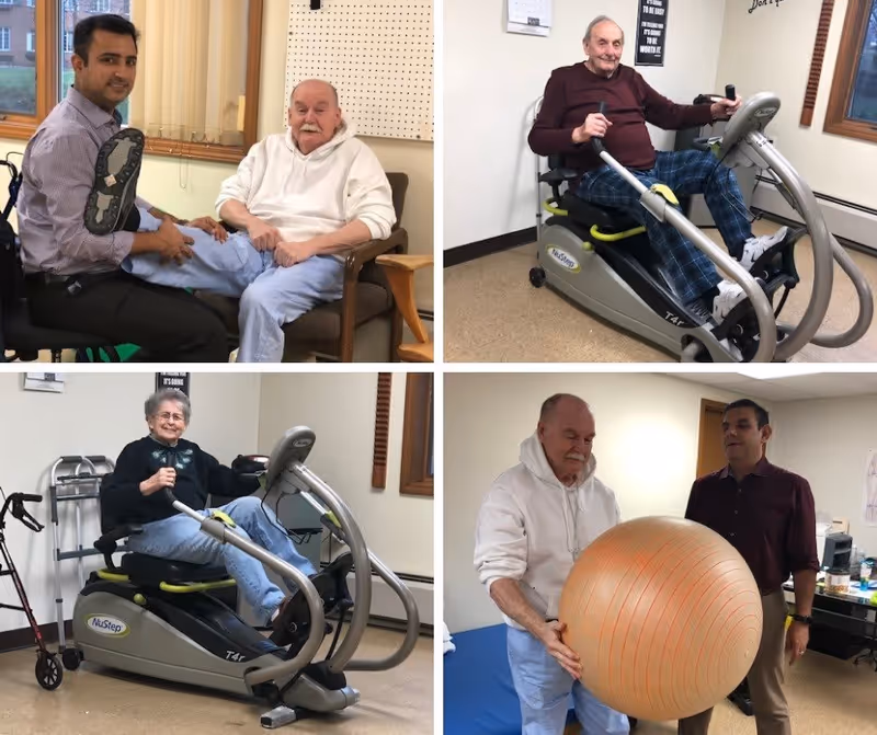 A collage of four images showing elderly individuals engaging in physical therapy and exercise activities inside a facility. In the top left, a therapist assists an elderly man with a leg stretch while seated. The top right and bottom left images show two different elderly individuals using a NuStep exercise machine. The bottom right image shows an elderly man holding a large exercise ball with the assistance of a therapist in a room with medical and therapy equipment.