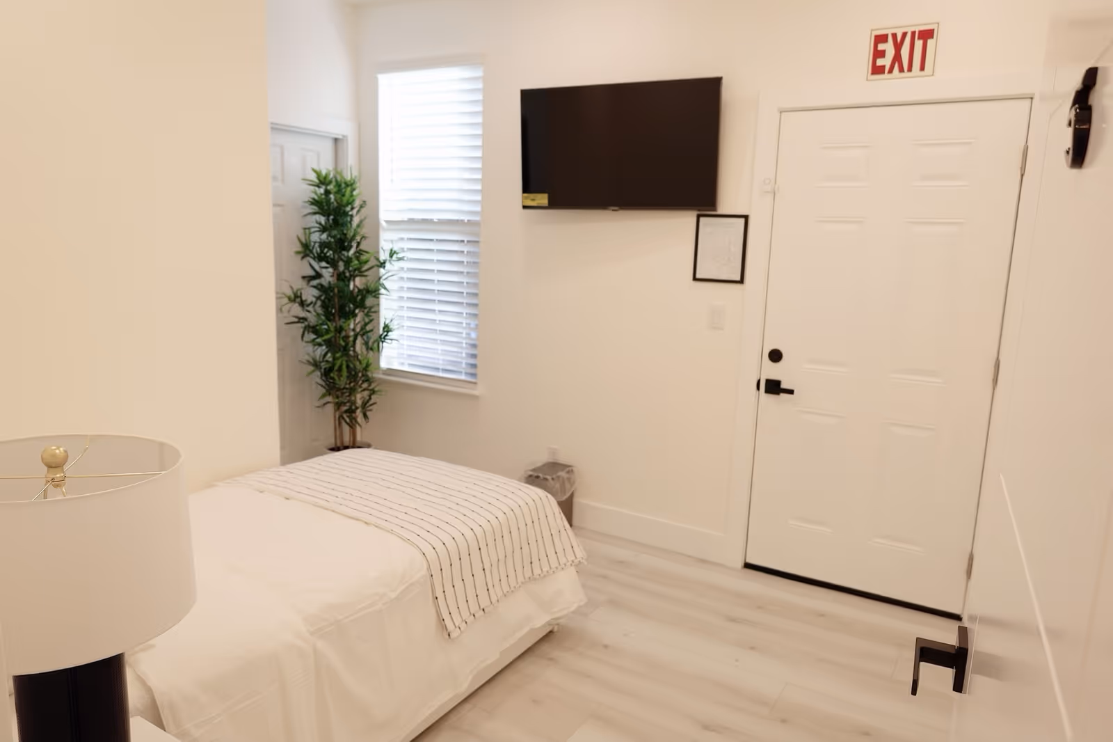 Small minimalist bedroom with a single bed, wall-mounted TV, potted plant, and an exit sign above the door.