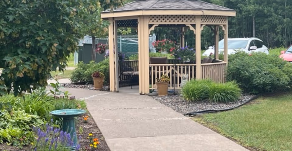 A garden area with a paved walkway leading to a wooden gazebo surrounded by various plants and flowers. There are some chairs inside the gazebo and cars parked in the background near trees and bushes.