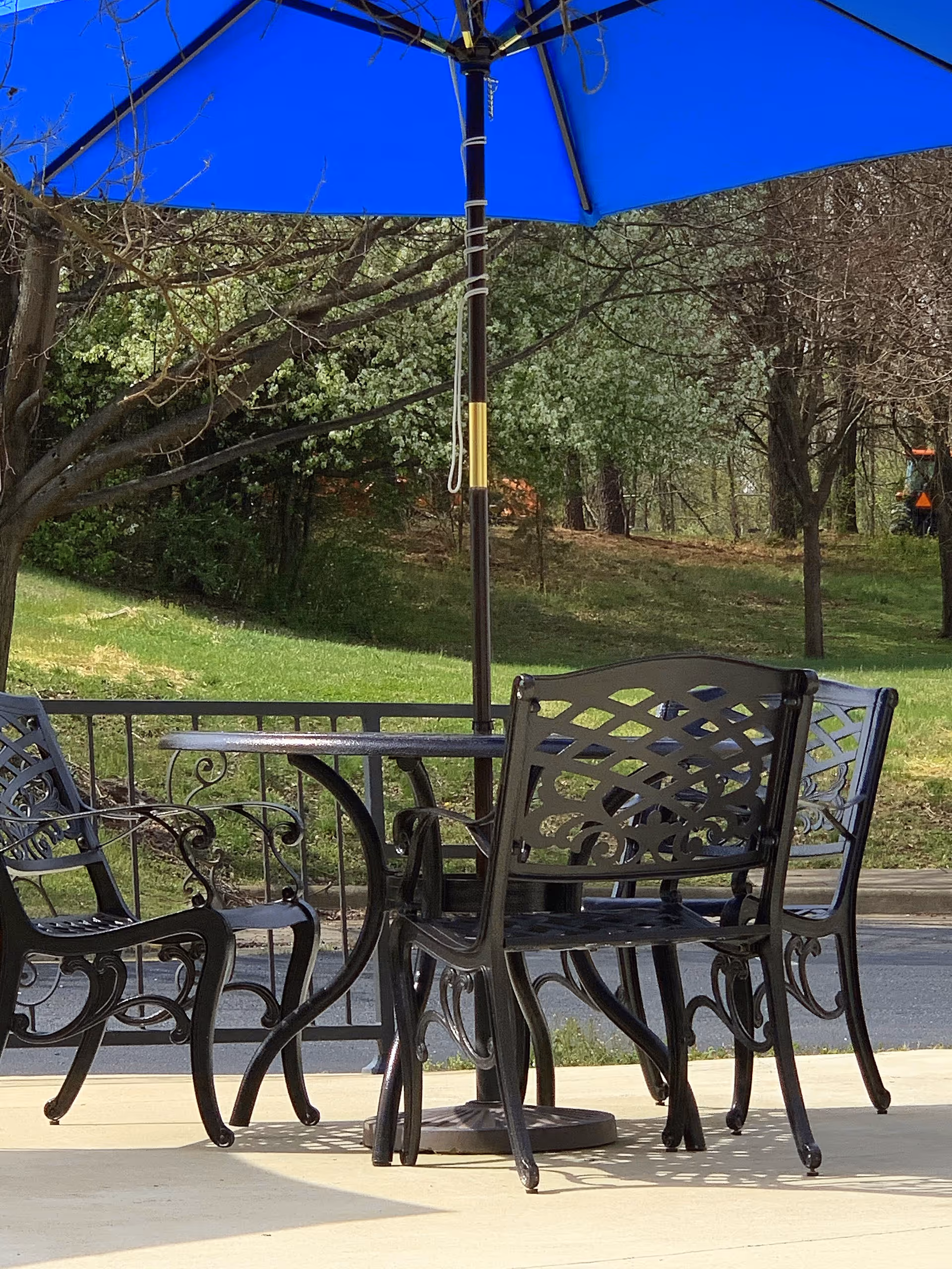 Outdoor patio area with a black metal table and four matching chairs under a large blue umbrella. In the background, there are trees with green foliage and a grassy area.