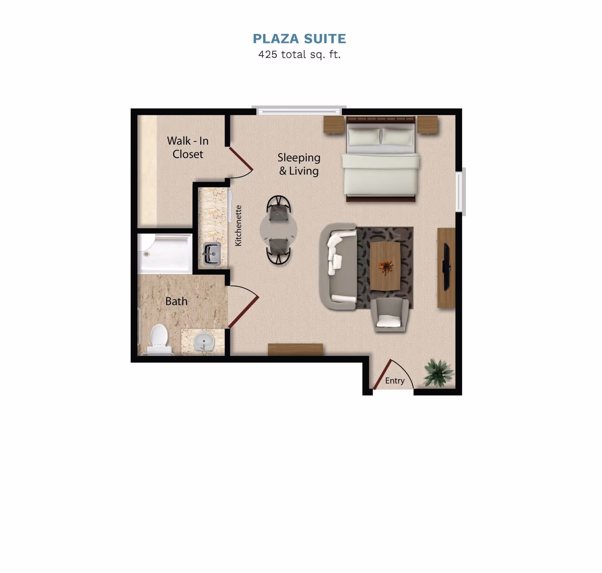 Floor plan of the Plaza Suite at Vintage Park At Louisburg showing a 425 square feet layout with a walk-in closet, bath, kitchenette, sleeping and living area, and an entry door.