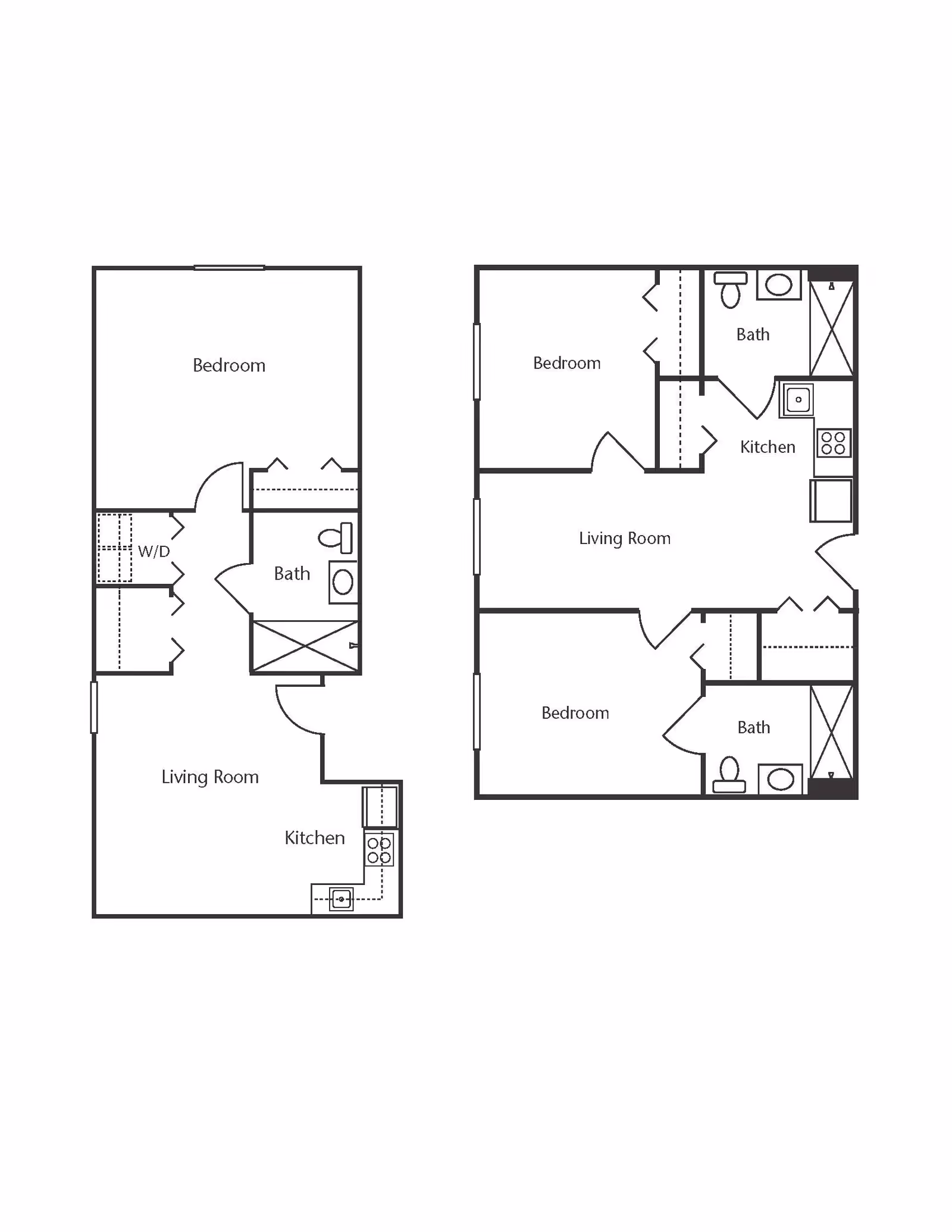 Black-and-white floor plan showing two apartment unit layouts with bedrooms, living rooms, kitchens, and bathrooms.