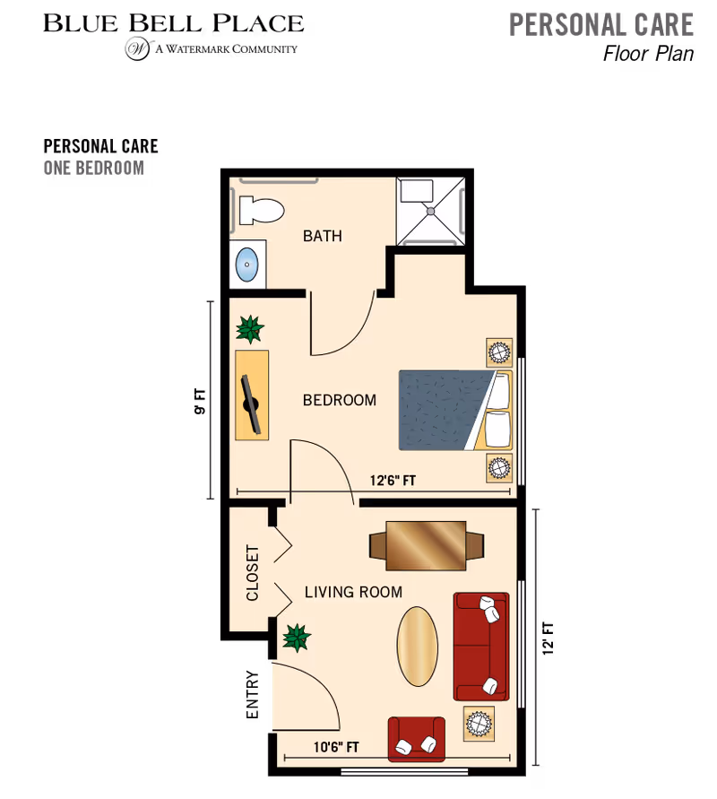 Floor plan of a one-bedroom personal care unit at Blue Bell Place, showing a bedroom with a bed and nightstands, a bathroom with a toilet, sink, and shower, a living room with a sofa, armchair, coffee table, dining table with chairs, closet, and some plants.