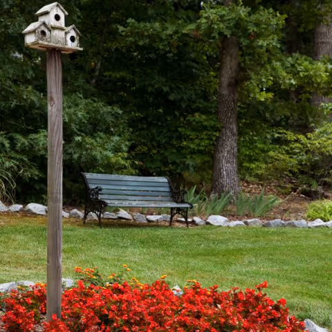 A wooden birdhouse on a tall post stands beside red flowers with a green bench and trees in the background.