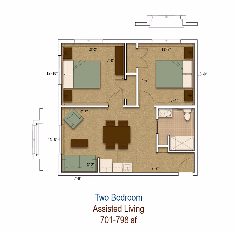 Floor plan of a two-bedroom assisted living apartment with a living area, dining table, kitchen, bathroom, and two bedrooms. Dimensions of rooms and furniture placement are shown.
