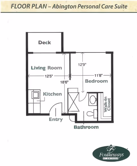 Floor plan of the Abington Personal Care Suite at Foulkeways at Gwynedd, showing a deck, living room, kitchen, entry, bedroom, bathroom, and walk-in closet with dimensions.