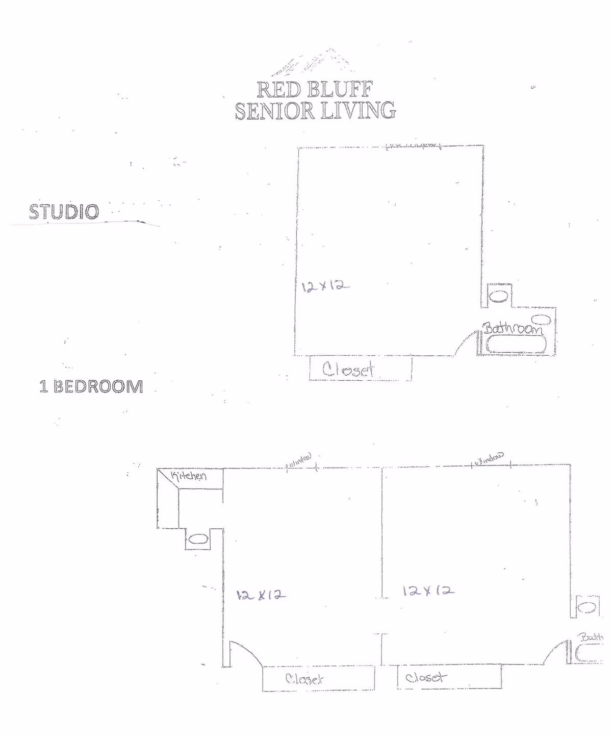 Floor plan sketches for Red Bluff Senior Living showing layouts for a studio apartment with a 12x12 room, closet, and bathroom, and a one-bedroom apartment with two 12x12 rooms, closets, a kitchen, and a bathroom.