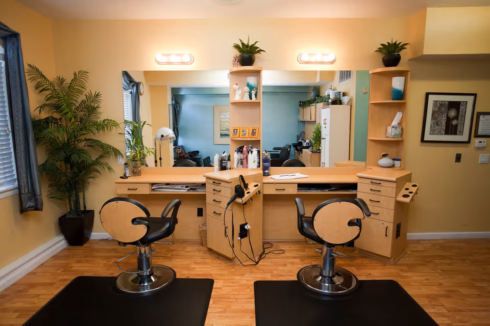Interior view of a salon area with two styling chairs in front of a large mirror. The space has wooden flooring, beige walls, and built-in wooden cabinetry with shelves holding various hair care products and decorative items. There are two light fixtures above the mirror, a large potted plant to the left, and windows with blue curtains.
