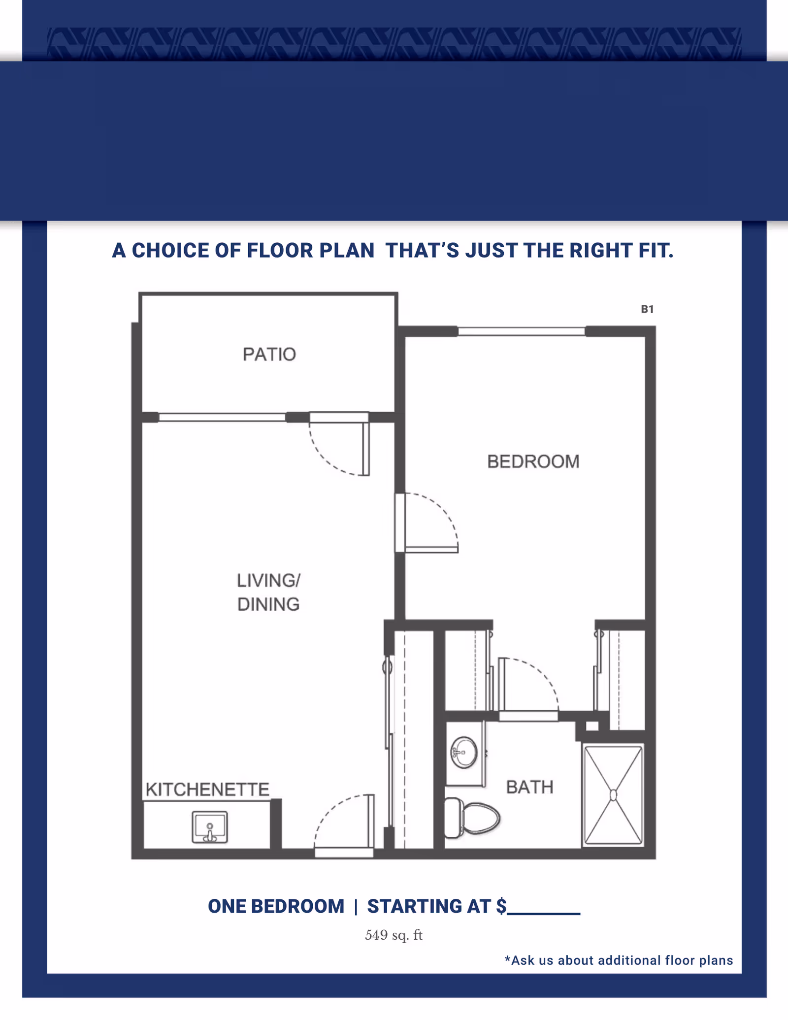 Black-and-white floor plan of a one-bedroom, one-bath apartment showing a bedroom, bath, kitchenette, living/dining area, and patio.