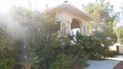 A building front entrance with an arched doorway, surrounded by dense shrubs and sunlight.
