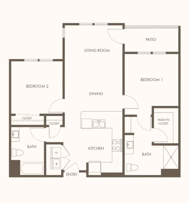 Floor plan of a two-bedroom apartment featuring a living room, dining area, kitchen, two bathrooms, closets including a walk-in closet, an entry area with washer and dryer, and a patio connected to Bedroom 1.