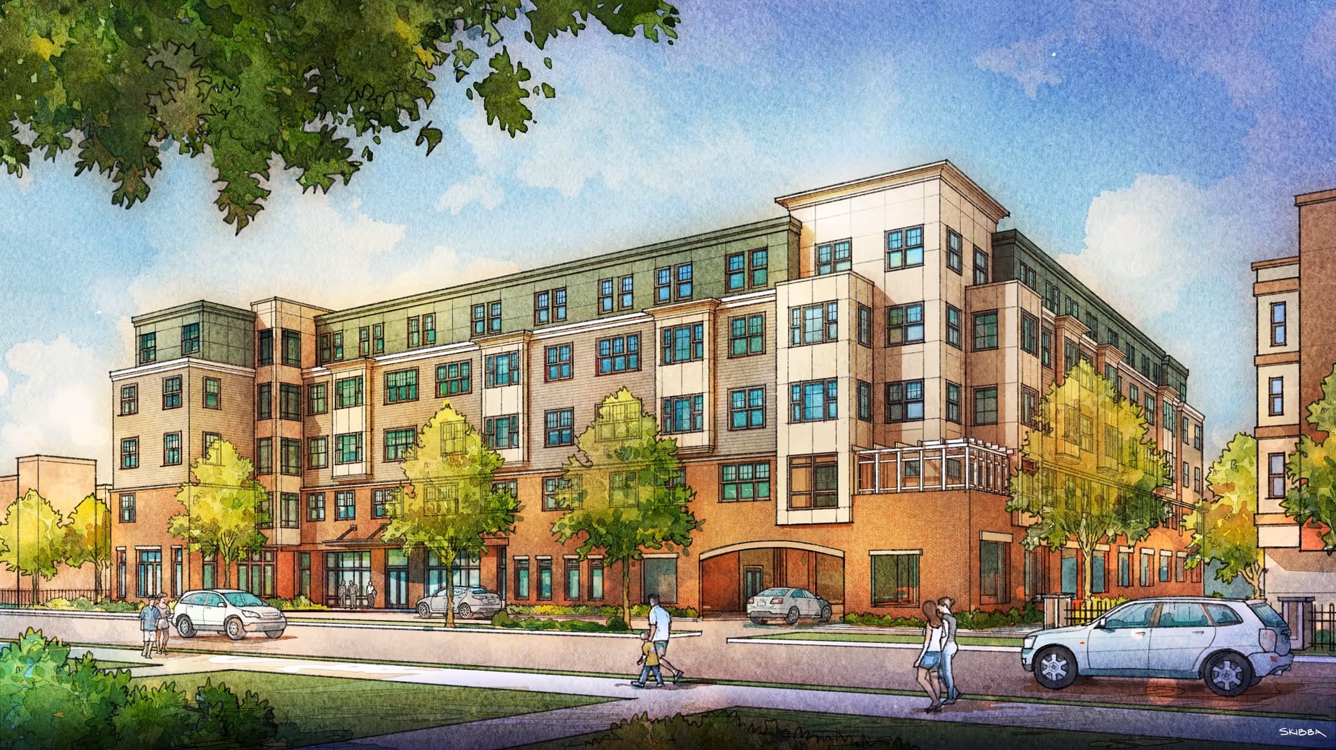 Illustration of a multi-story residential building with several windows, trees lining the street, and people walking on the sidewalk. Cars are parked along the street in front of the building under a blue sky with some clouds.