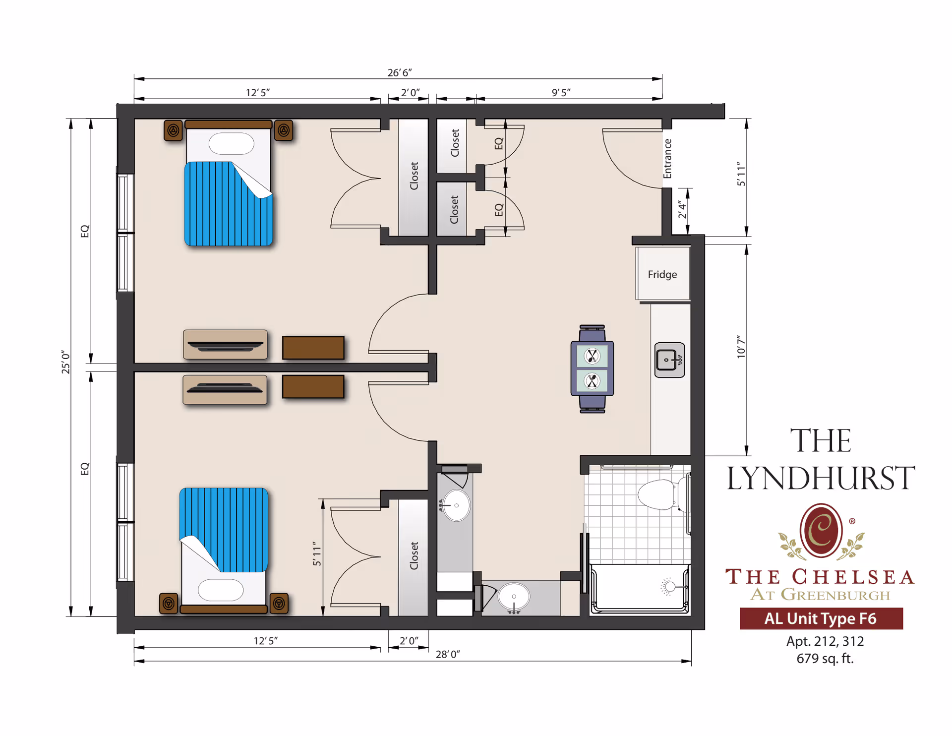 Floor plan of The Lyndhurst unit type F6 at The Chelsea at Greenburgh, showing two bedrooms each with a bed and nightstands, closets, a bathroom with a shower and toilet, a kitchen area with a fridge and sink, and a dining table with two chairs. Dimensions and layout details are included.