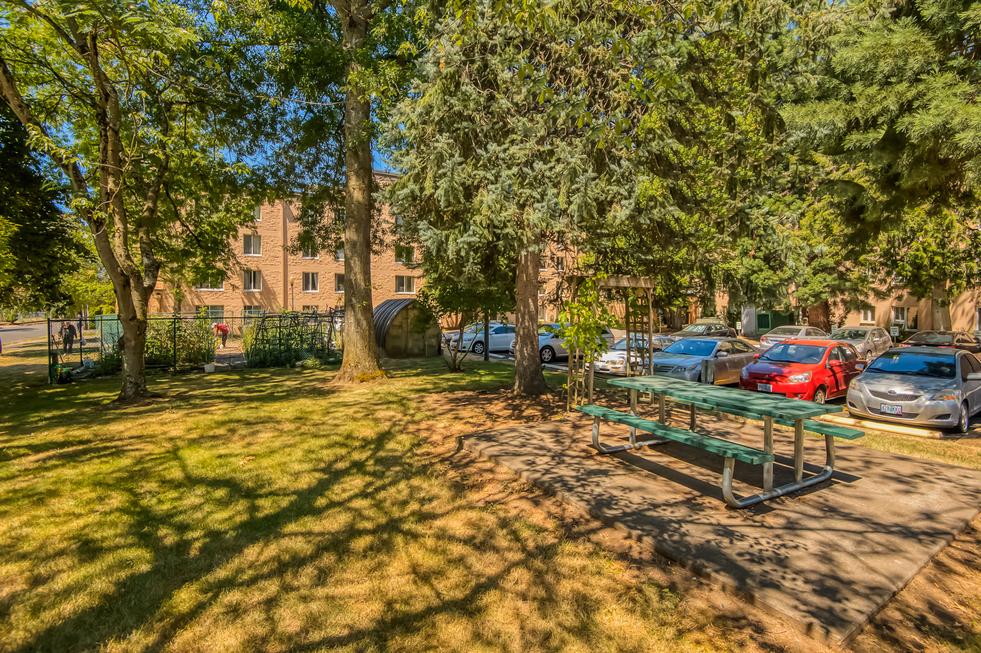 Outdoor area with green grass, several trees providing shade, a green picnic table on a concrete pad, and a parking lot with multiple cars in the background. A multi-story brick building is visible behind the parking lot.
