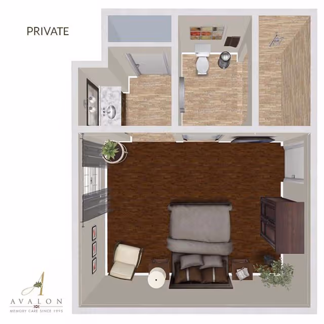 Top-down floor plan of a private memory care unit at Avalon Memory Care, showing a bedroom with a bed, chair, side table, dresser, and plants. The unit also includes a bathroom with a toilet, sink, and shower.