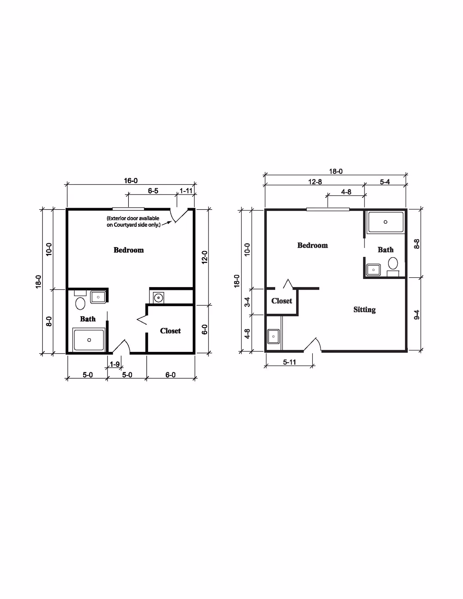 Black-and-white floor plan showing two small apartment layouts with labeled bedroom, bath, closet, sitting area and dimension measurements.
