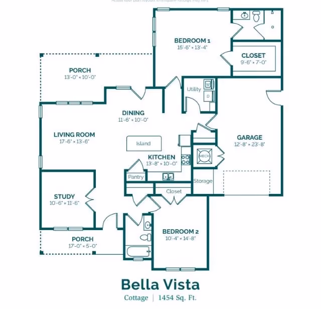 Architectural floor plan of a cottage named Bella Vista with 1454 square feet, showing two bedrooms, a study, two porches, a living room, dining area, kitchen with island and pantry, utility room, garage, closets, and bathrooms.