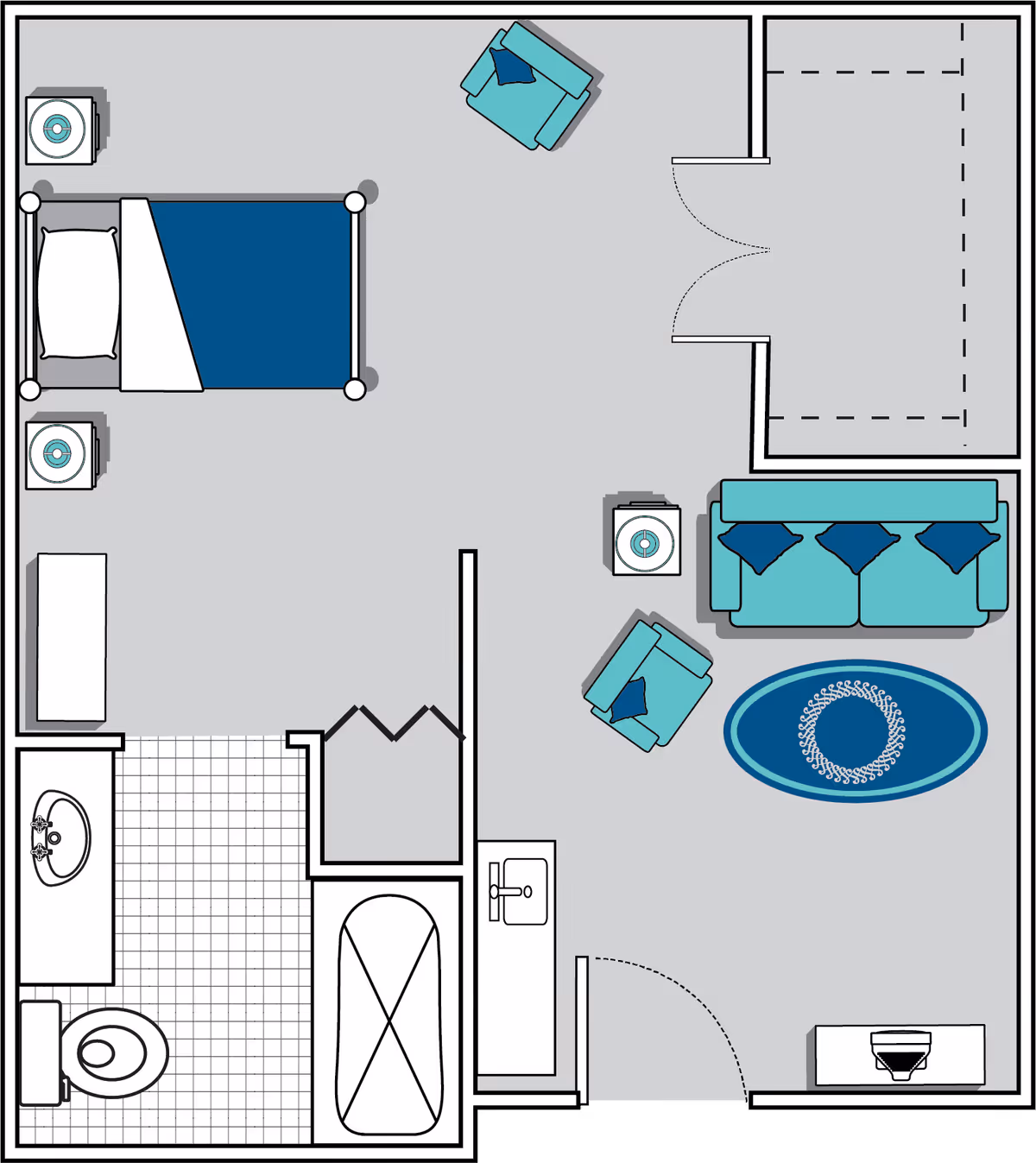 Floor plan of a living space featuring a bedroom with a bed, two nightstands, and a dresser; a bathroom with a toilet, sink, and bathtub; and a living room area with a sofa, two armchairs, a coffee table, and a side table.