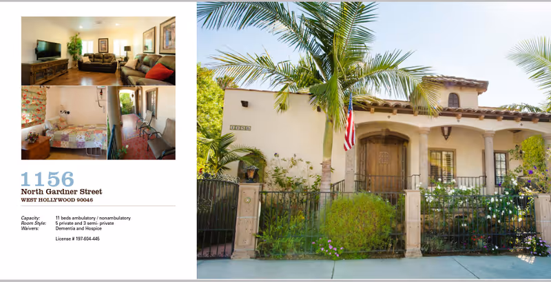 Collage shows living rooms and bedrooms on left, exterior entrance with palm trees on right.
