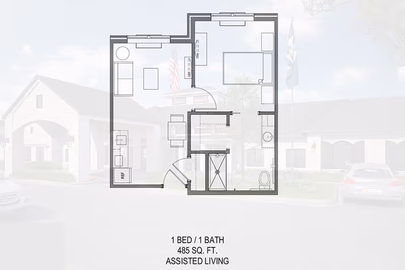 Floor plan of a 1-bedroom, 1-bath assisted living apartment (485 sq. ft.) displayed over a faded exterior photo of the facility.